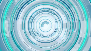 Daire beyaz, mavi ve yeşil neon çizgileri teknolojisi yüksek teknoloji parlak arka plan. Soyut grafik dijital gelecek bilimkurgu konsepti tasarımı.