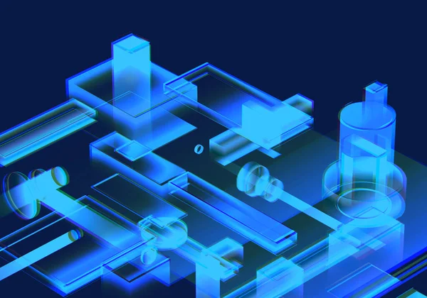 Cyber blue isometric neon city virtual reality background. Abstract technology innovation future digital background. 3d rendering.