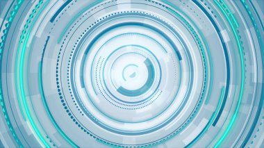 Daire beyaz, mavi ve yeşil neon çizgileri teknolojisi yüksek teknoloji parlak arka plan. Soyut grafik dijital gelecek bilimkurgu konsepti tasarımı.