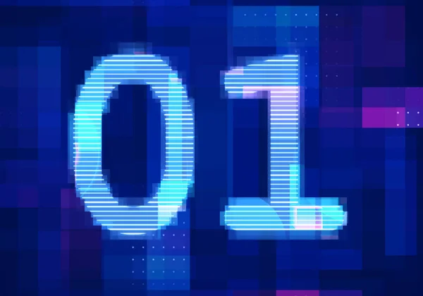 01青の背景を持つコンピュータ技術を監視する画面上のバイナリコンピュータコード デジタル未来デザインコンセプト — ストック写真