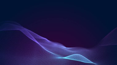 Nokta mavi mor dalga çizgisi, ışık eğimli koyu arkaplan. Soyut teknoloji büyük veri dijital arkaplanı. 3d oluşturma.