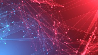 Teknoloji geçmişine sahip soyut kırmızı mavi çokgen teknoloji ağı. Soyut noktalar ve satır dokusu arka planı. 3d oluşturma.