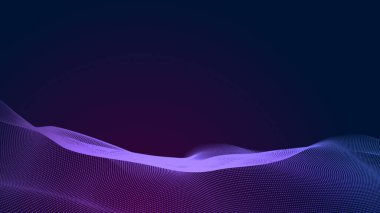 Nokta mavi mor dalga çizgisi, ışık eğimli koyu arkaplan. Soyut teknoloji büyük veri dijital arkaplanı. 3d oluşturma.
