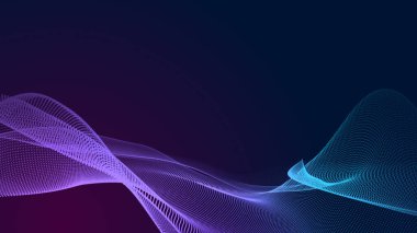 Nokta mavi mor dalga çizgisi, ışık eğimli koyu arkaplan. Soyut teknoloji büyük veri dijital arkaplanı. 3d oluşturma.
