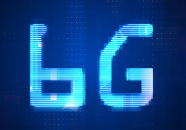 6G Ağ İnternet Mobil ikonu teknolojisi mavi arkaplan. Dijital gelecek tasarım kavramına sahip soyut dijital makine öğrenimi. 