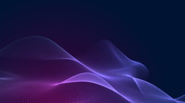 Nokta mavi mor dalga çizgisi, ışık eğimli koyu arkaplan. Soyut teknoloji büyük veri dijital arkaplanı. 3d oluşturma.