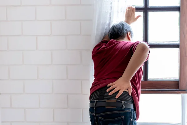 Middle Aged Asian Man Standing Window Having Pain His Back — Stock Photo, Image