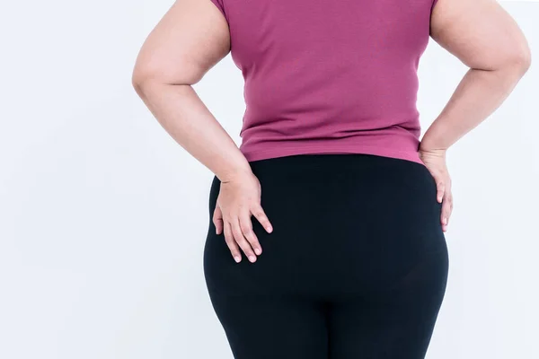 The back of a fat woman Which puts the left hand on the hips Which is large and full of excess fat On white background, to fat woman and health care concept.
