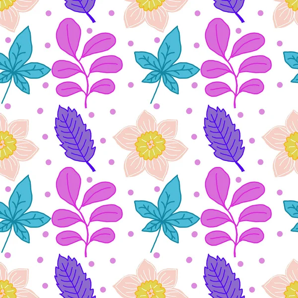 Colorful flowers and leaf seamless repeat pattern background.  Illustrators drawing.