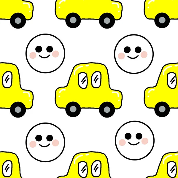 Cartoons Seamless Yellow Cars Smile Emoji Repeat Pattern Background Illustrations — Stock Photo, Image