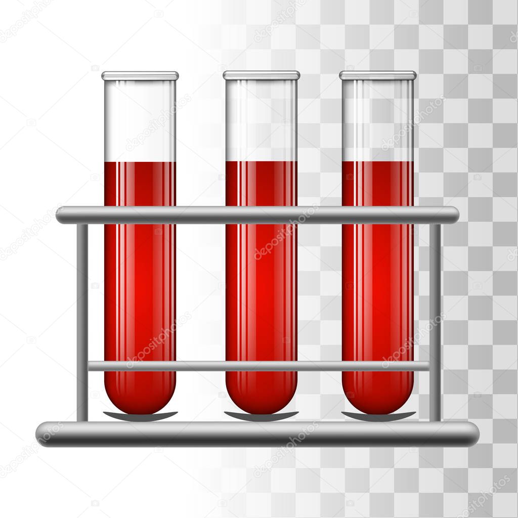 Medical test tubes with blood in rack. Transparent glass flasks. Vector illustration.