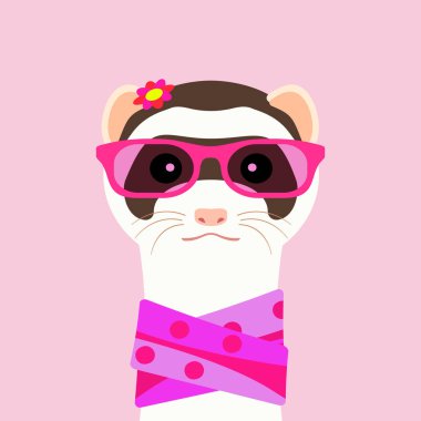 Gelincik kız portre pembe gözlük ve scarff. Vektör çizim.