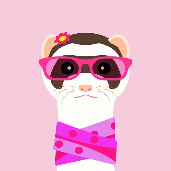 Ferret girl portrait with pink glasses and scarff. Vector illustration. — Stock Vector