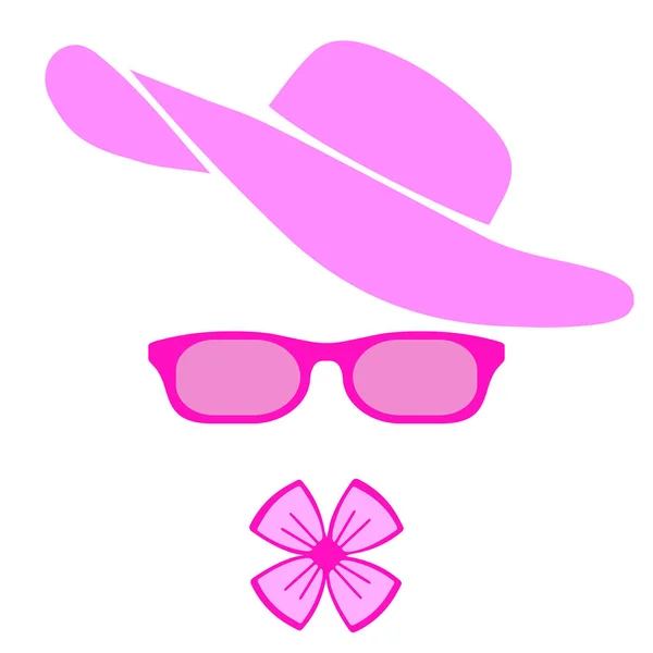 Accesorios de mujer. Sombrero rosa, gafas y lazo. Ilustración de diseño plano vectorial . — Archivo Imágenes Vectoriales