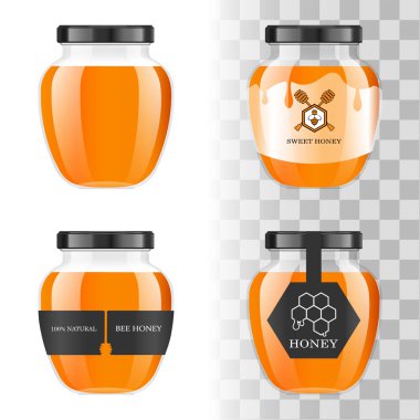 Gerçekçi şeffaf cam kavanoz bal ile. Gıda Bankası. Ambalaj tasarımı tatlım. Logo tatlım. Cam kavanoz tasarım etiketi veya rozetleri ile alay. Premium gıda ürün. Vektör çizimler.