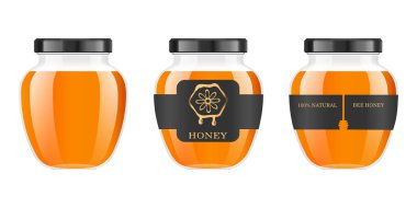 Gerçekçi şeffaf cam kavanoz bal ile. Gıda Bankası. Ambalaj tasarımı tatlım. Logo tatlım. Cam kavanoz tasarım etiketi veya rozetleri ile alay. Premium gıda ürün. Vektör çizimler.