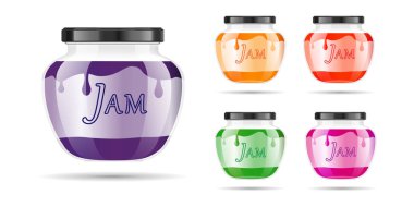 Gerçekçi şeffaf cam kavanoz reçel, lezzetli veya sos ile. Konserve ambalaj ayarlayın. Etiket ve reçel için logo. Kavanoz tasarım etiketi veya rozetleri ile alay. Vektör çizimler.