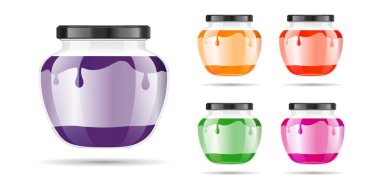 Gerçekçi şeffaf cam kavanoz reçel, lezzetli veya sos ile. Konserve ambalaj ayarlayın. Etiket ve reçel için logo. Kavanoz tasarım etiketi veya rozetleri ile alay. Vektör çizimler.