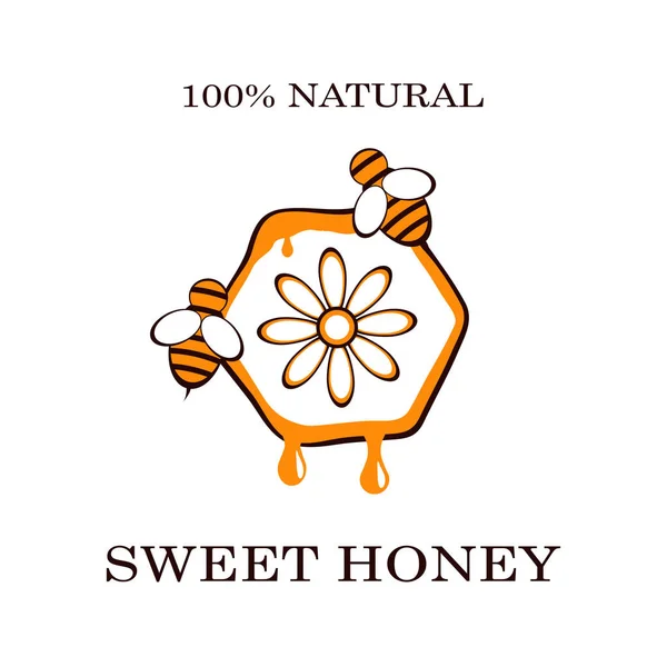 Med a včelí popisky pro med logo produkty odznaky, izolované na bílém pozadí. Designové prvky. Vektorové ilustrace. — Stockový vektor
