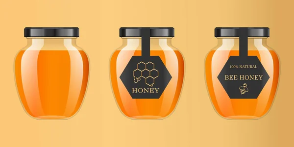 Realistic transparent glass jar with honey. Food bank. Honey packaging design. Honey logo. Mock up glass jar with design label or badges. Premium food product. Vector illustrations.
