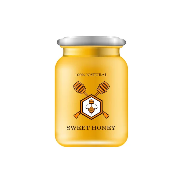 Realistic glass jar with honey. Food bank. Honey packaging design. Honey logo. Mock up glass jar with design label or badges. Vector illustrations. — Stock Vector