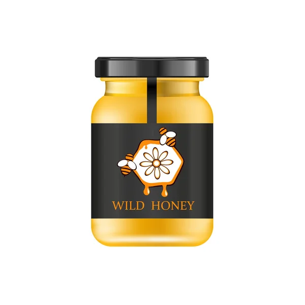 Realistic glass jar with honey. Food bank. Honey packaging design. Honey logo. Mock up glass jar with design label or badges. Vector illustrations. — Stock Vector