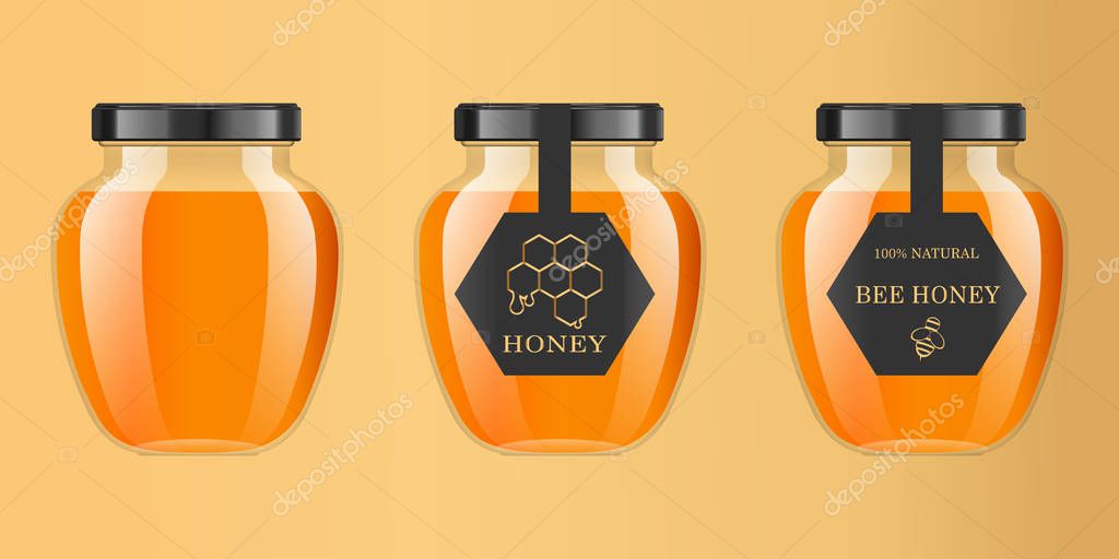 Realistic transparent glass jar with honey. Food bank. Honey packaging design. Honey logo. Mock up glass jar with design label or badges. Premium food product. Vector illustrations
