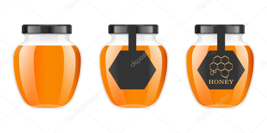 Realistic transparent glass jar with honey. Food bank. Honey packaging design. Honey logo. Mock up glass jar with design label or badges. Premium food product. Vector illustrations