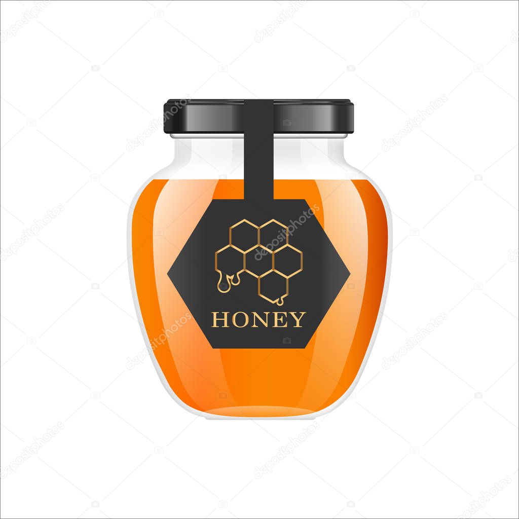 Realistic transparent glass jar with honey. Food bank. Honey packaging design. Honey logo. Mock up glass jar with design label or badges. Premium food product. Vector illustrations