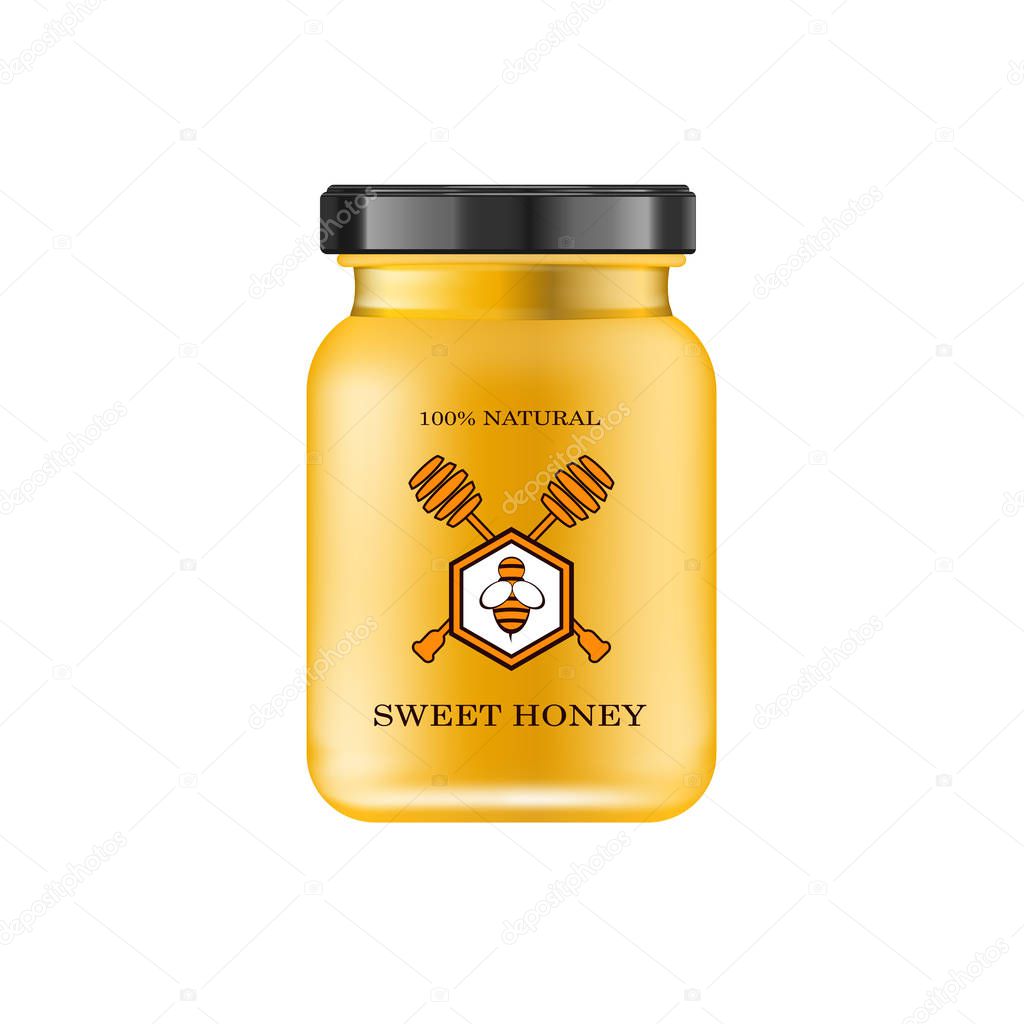 Realistic glass jar with honey. Food bank. Honey packaging design. Honey logo. Mock up glass jar with design label or badges. Vector illustrations