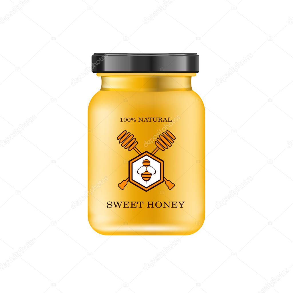 Realistic glass jar with honey. Food bank. Honey packaging design. Honey logo. Mock up glass jar with design label or badges. Vector illustrations.