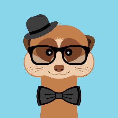 Meerkat boy portrait with glasses, hat and bow tie. Vector illustration clipart