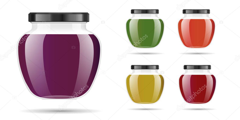 Realistic transparent glass jar with jam, confiture or sauce. Preserving packaging set. Label and logo for jam. Mock up jar with design label or badges. Vector illustrations
