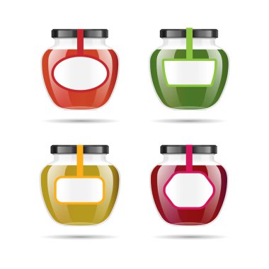 Gerçekçi şeffaf cam kavanoz reçel, lezzetli veya sos ile. Konserve ambalaj ayarlayın. Etiket ve reçel için logo. Kavanoz tasarım etiketi veya rozetleri ile alay. Vektör çizimler.