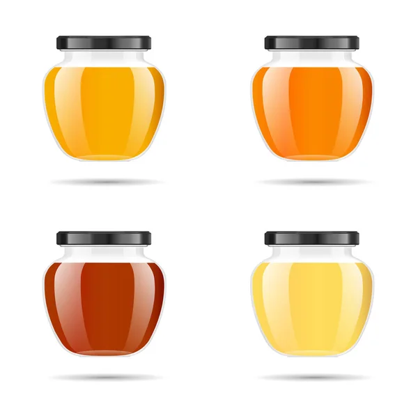 Realistisches transparentes Glas mit Honig. Foodbank. Verpackungsdesign für Honig. Honig-Logo. Glasattrappe mit Design-Etikett oder Abzeichen. Premium-Lebensmittel. Vektorillustrationen. — Stockvektor