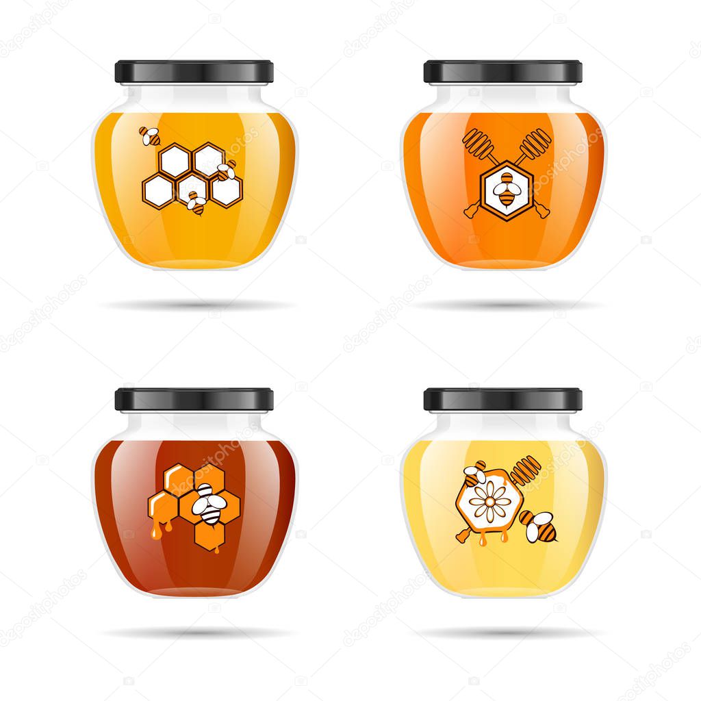 Realistic transparent glass jar with honey. Food bank. Honey packaging design. Honey logo. Mock up glass jar with design label or badges. Premium food product. Vector illustrations