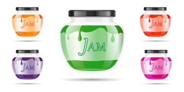 Gerçekçi şeffaf cam kavanoz reçel, lezzetli veya sos ile. Konserve ambalaj ayarlayın. Etiket ve reçel için logo. Kavanoz tasarım etiketi veya rozetleri ile alay. Vektör çizimler.