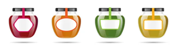 Realistisches transparentes Glas mit Marmelade, Konfitüre oder Sauce. Verpackungsset zum Konservieren. Etikett und Logo für Marmelade. mock up jar mit Design-Etikett oder Abzeichen. Vektorillustrationen. — Stockvektor