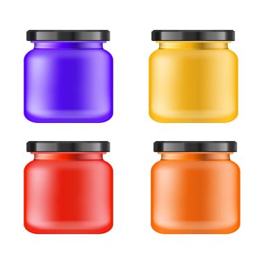 Kozmetik Parfümeri Ürünleri - vücut kremi, yağı, bodur, jel, toz için siyah kapaklı gerçekçi çok renkli mat kavanoz. Gerçekçi ambalaj mockup şablonu. Tıbbi ambalaj. Vektör çizimler.