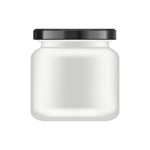 Realistisches mattweißes Glas mit schwarzem Deckel für Kosmetik - Körpercreme, Öl, Peeling, Gel, Puder. realistische Verpackungs-Attrappe. medizinischer Container. Vektorillustrationen. — Stockvektor