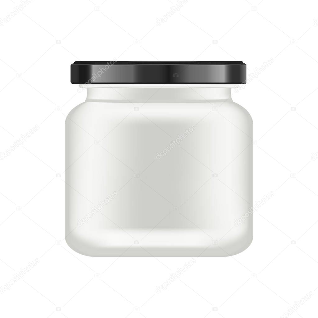 Realistic white matt glass matt jar with black lid for cosmetics - body cream, oil, scrub, gel, powder. Realistic packaging mockup template. Medical container. Vector illustrations.