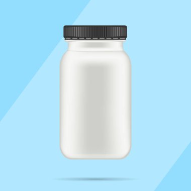 Vitaminler, tablet, hap için siyah kapaklı beyaz mat plastik şişe. Gerçekçi ambalaj mockup örnek tasarım şablonu. Tıbbi ambalaj. Önden görünüm. Vektör çizim.