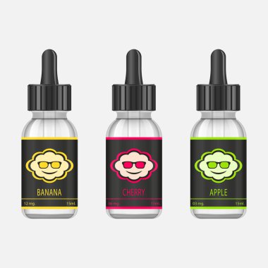 Gerçekçi şişe tadı için farklı meyve tatları ile elektronik sigara ile alay. Damlalık şişe sıvı Vape için. Vektör çizim.