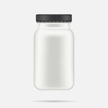 Vitaminler, tablet, hap için siyah kapaklı beyaz mat plastik şişe. Gerçekçi ambalaj mockup örnek tasarım şablonu. Tıbbi ambalaj. Önden görünüm. Vektör çizim.