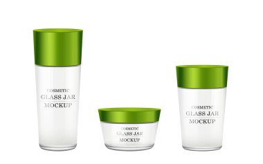 Gerçekçi beyaz cam kavanoz için Kozmetik Parfümeri Ürünleri - vücut kremi, tereyağı, bodur, Vakfı krem, jel, Cilt Bakımı, yeşil plastik kapak ile toz. Premium ürün. Paket şablon. Vektör kurmak sahte.