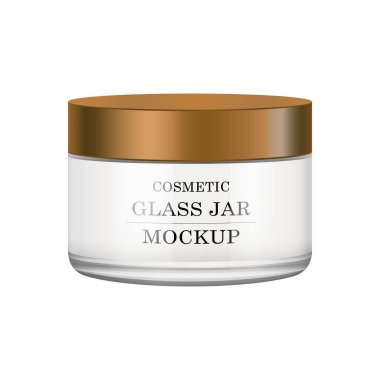 Gerçekçi beyaz cam kavanoz için Kozmetik Parfümeri Ürünleri - vücut krema, tereyağı, bodur, banyo tuzu, jel, Cilt Bakımı, bronz plastik kapak ile toz. Premium ürün. Paket şablon. Vektör yukarı alay.