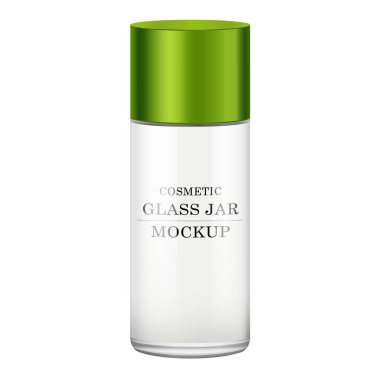 Gerçekçi beyaz cam kavanoz için Kozmetik Parfümeri Ürünleri - vücut kremi, tereyağı, bodur, Vakfı krem, jel, Cilt Bakımı, yeşil plastik kapak ile toz. Premium ürün. Paket şablon. Vektör yukarı alay.