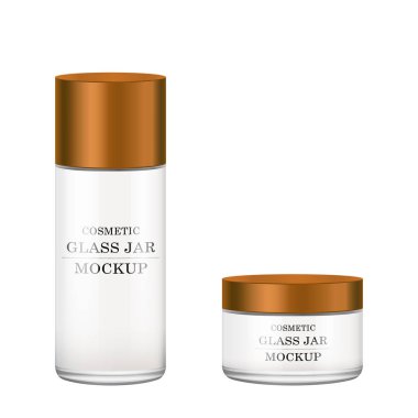 Gerçekçi beyaz cam kavanoz için Kozmetik Parfümeri Ürünleri - vücut kremi, tereyağı, bodur, Vakfı krem, jel, Cilt Bakımı, bronz plastik kapak ile toz. Premium ürün. Paket şablon. Vektör kurmak sahte.