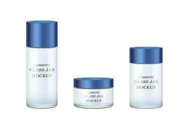 Gerçekçi beyaz cam kavanoz için Kozmetik Parfümeri Ürünleri - vücut kremi, tereyağı, bodur, Vakfı krem, jel, Cilt Bakımı, mavi plastik kapak ile toz. Premium ürün. Paket şablon. Vektör kurmak sahte.