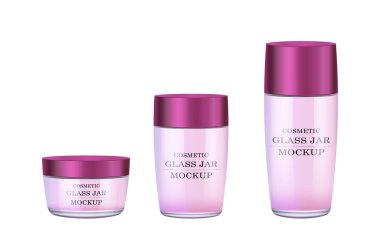 Gerçekçi beyaz cam kavanoz için Kozmetik Parfümeri Ürünleri - vücut kremi, tereyağı, bodur, Vakfı krem, jel, Cilt Bakımı, mor plastik kapak ile toz. Premium ürün. Paket şablon. Vektör kurmak sahte.